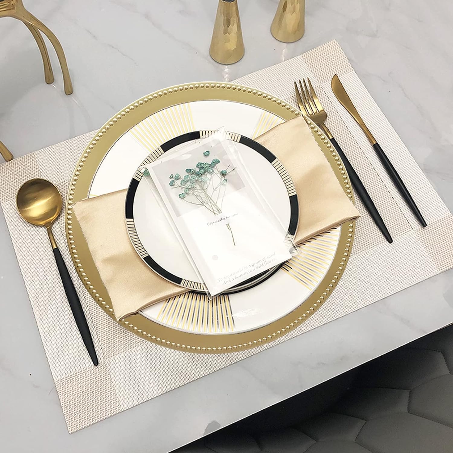 Set of 12 Gold Charger Plates with Beaded. 13 Reusable Plastic Table Chargers for Dinner Plates